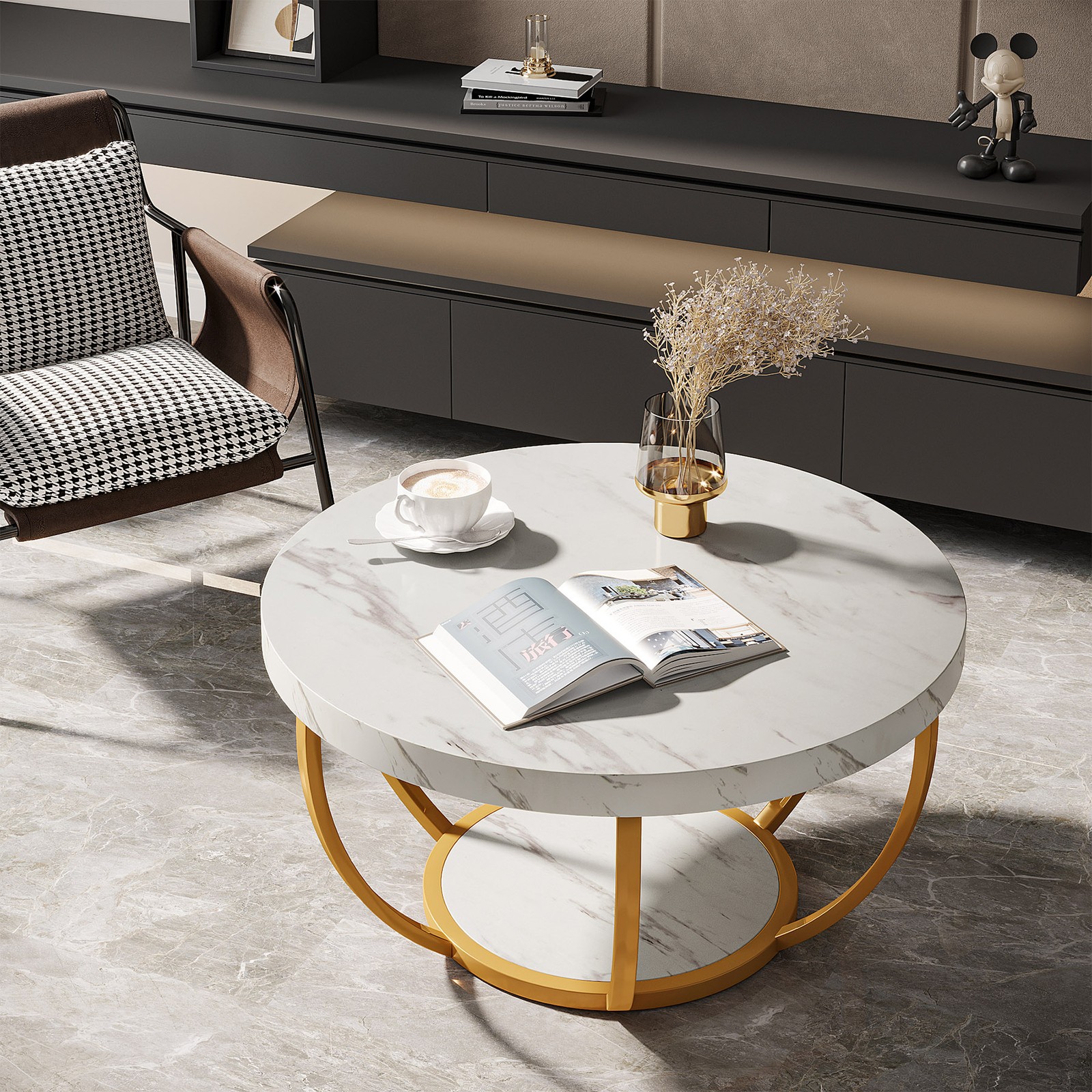 Modern Round Coffee Table, 2 Tier Circle Center Tea Table with Faux White Marble