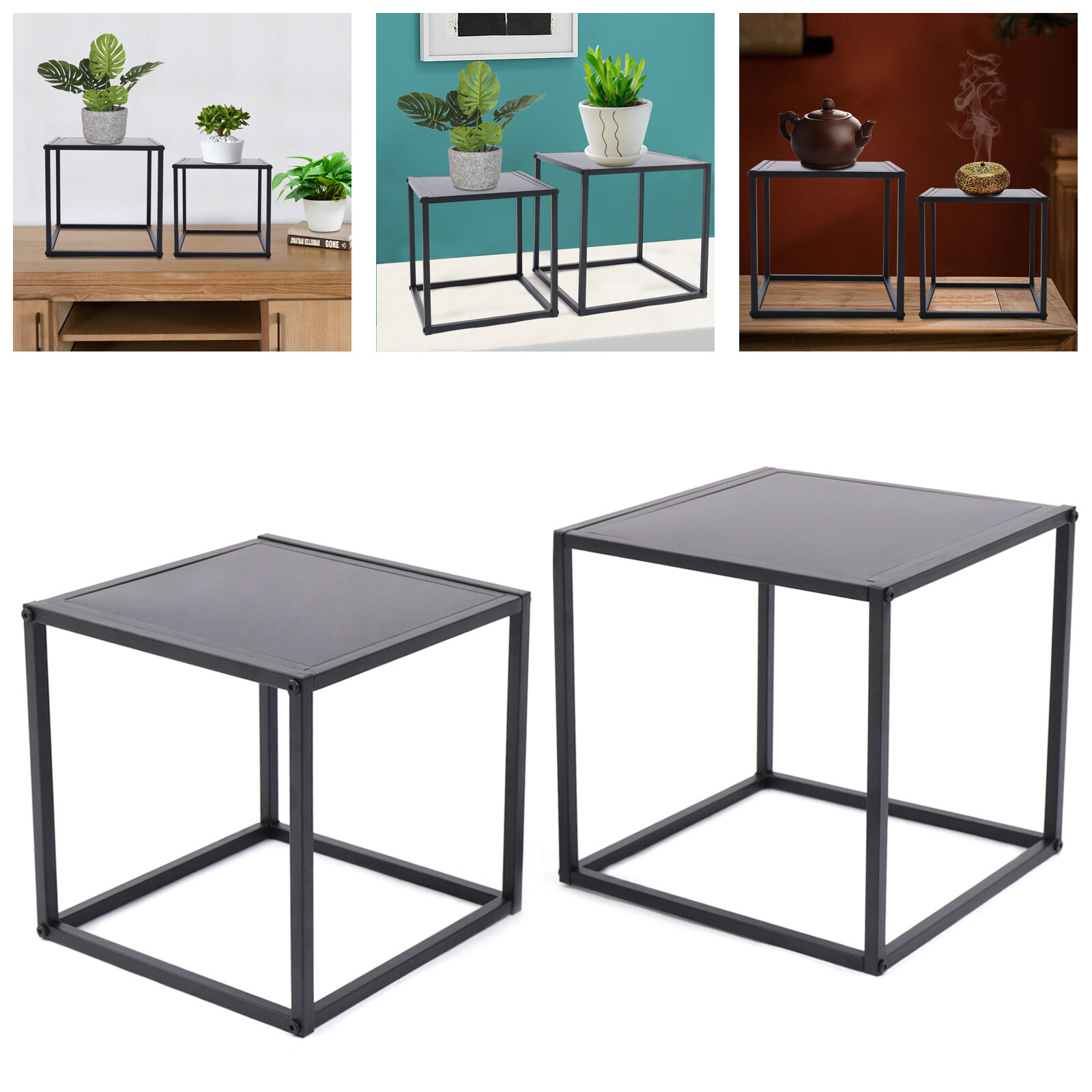 2pc Modern Square Tray Side End Table Coffee Table Living Room office Matt Black