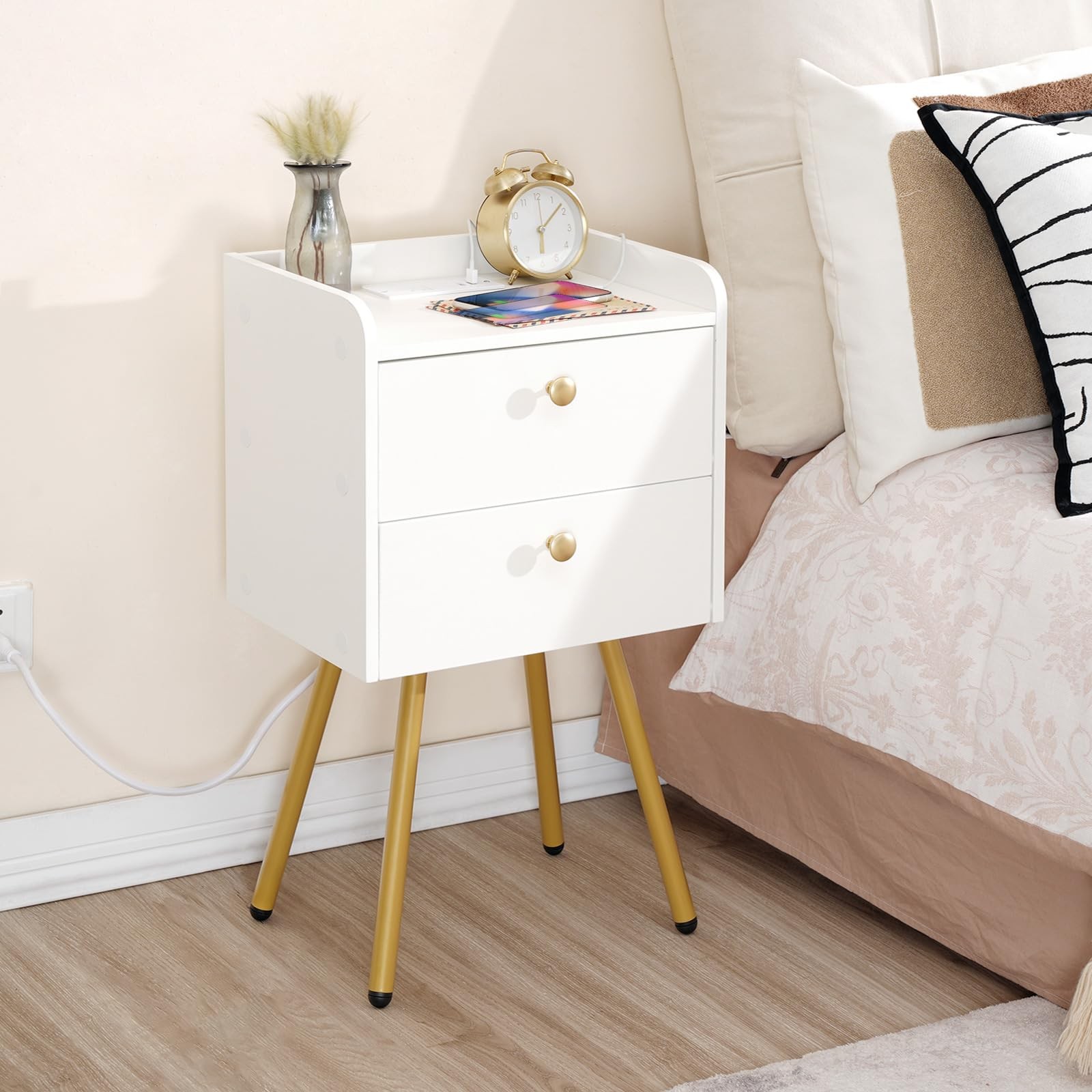 White Nightstand with Charging Station, Modern End Table with 2 Drawers, Styl…