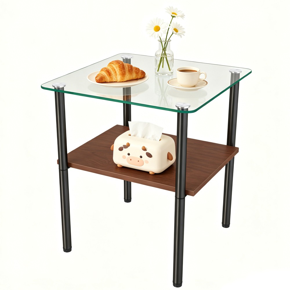 Modern 2-Piece Glass Side Table, Tempered Top with Storage Shelf, Metal Legs