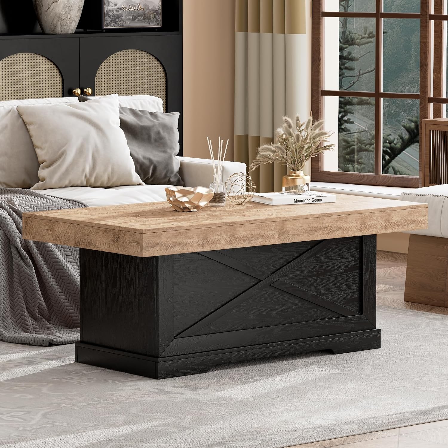 Coffee Table 39 in Rustic Center Table W/ X-Design Wooden Pedestal Living Room