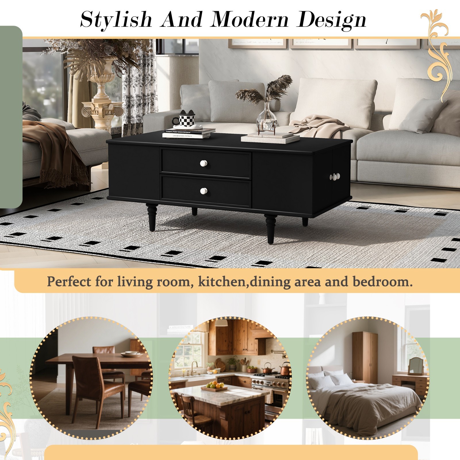 Modern Rectangle Coffee Table Center Table With Storage Drawers Solid Wood Legs