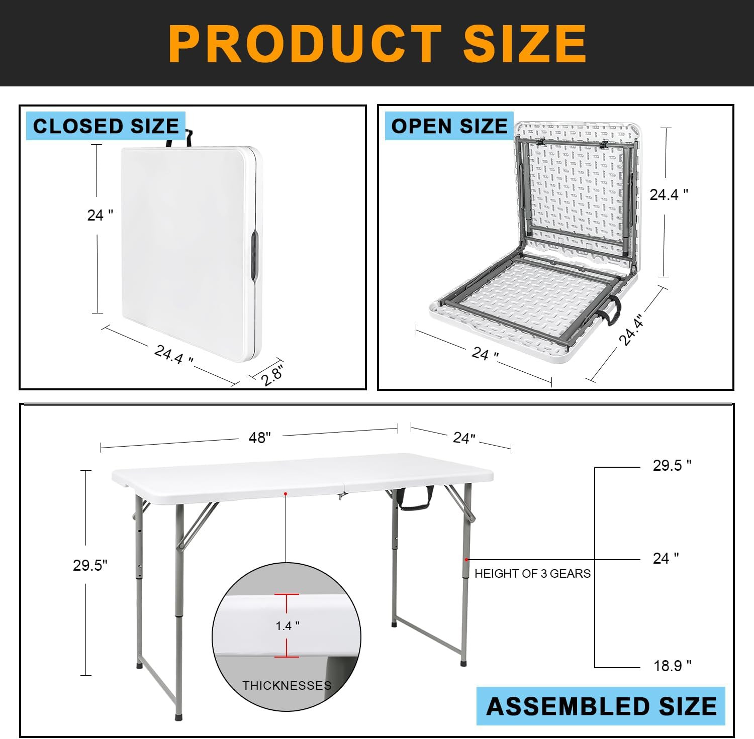 4FT Adjustable Heavy Duty Folding Table – Portable White Table for Camping & Par