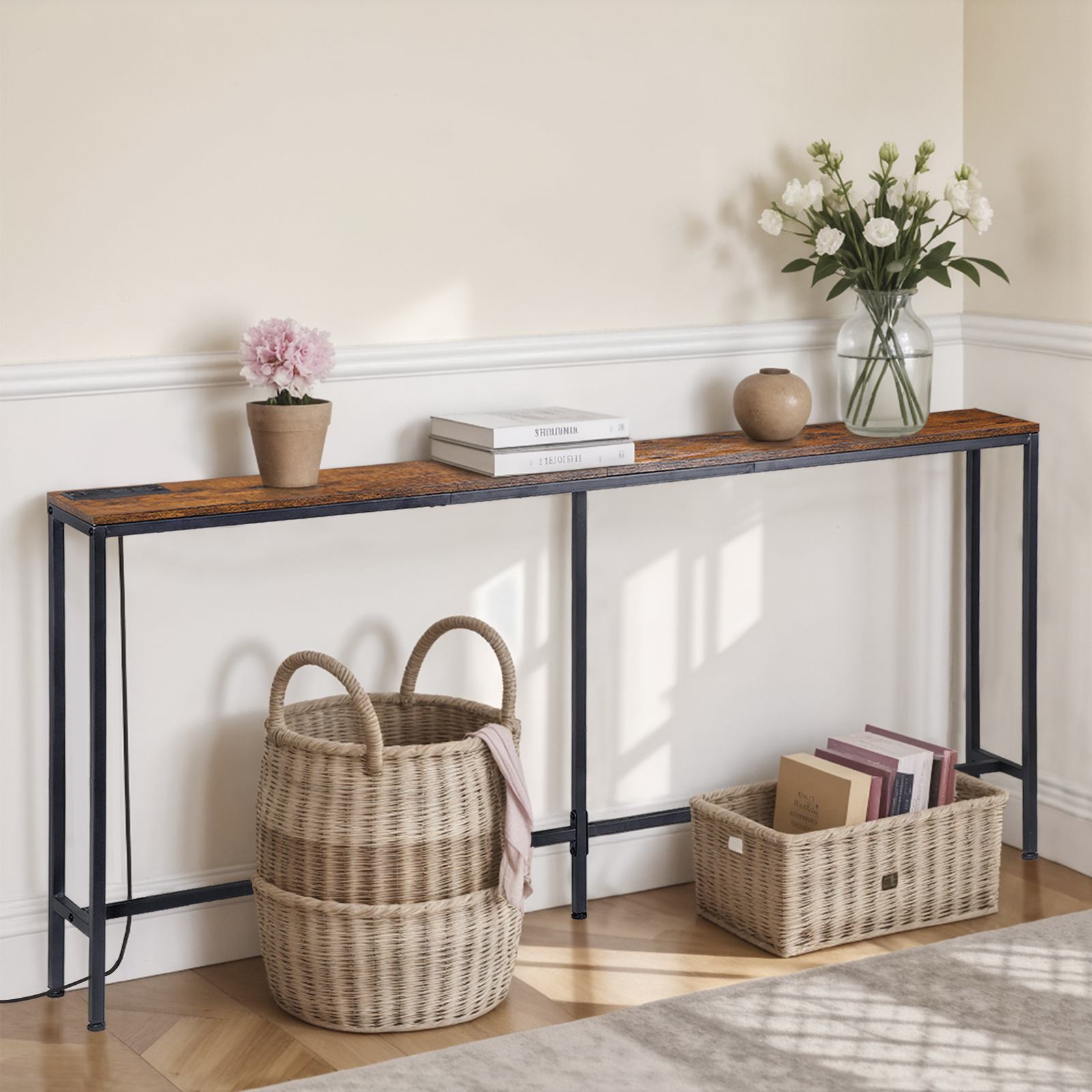 Console Table with Power Outlets and USB Ports Narrow Sofa Table for Living Room