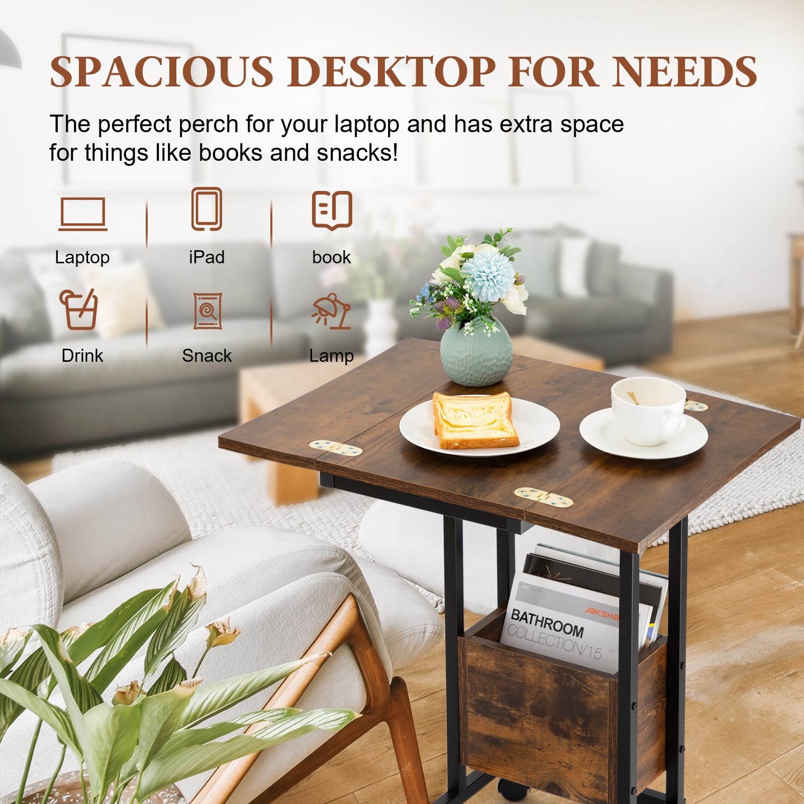 C Shaped End Table with Charging Station & Foldable Tabletop, Folding TV Tray…