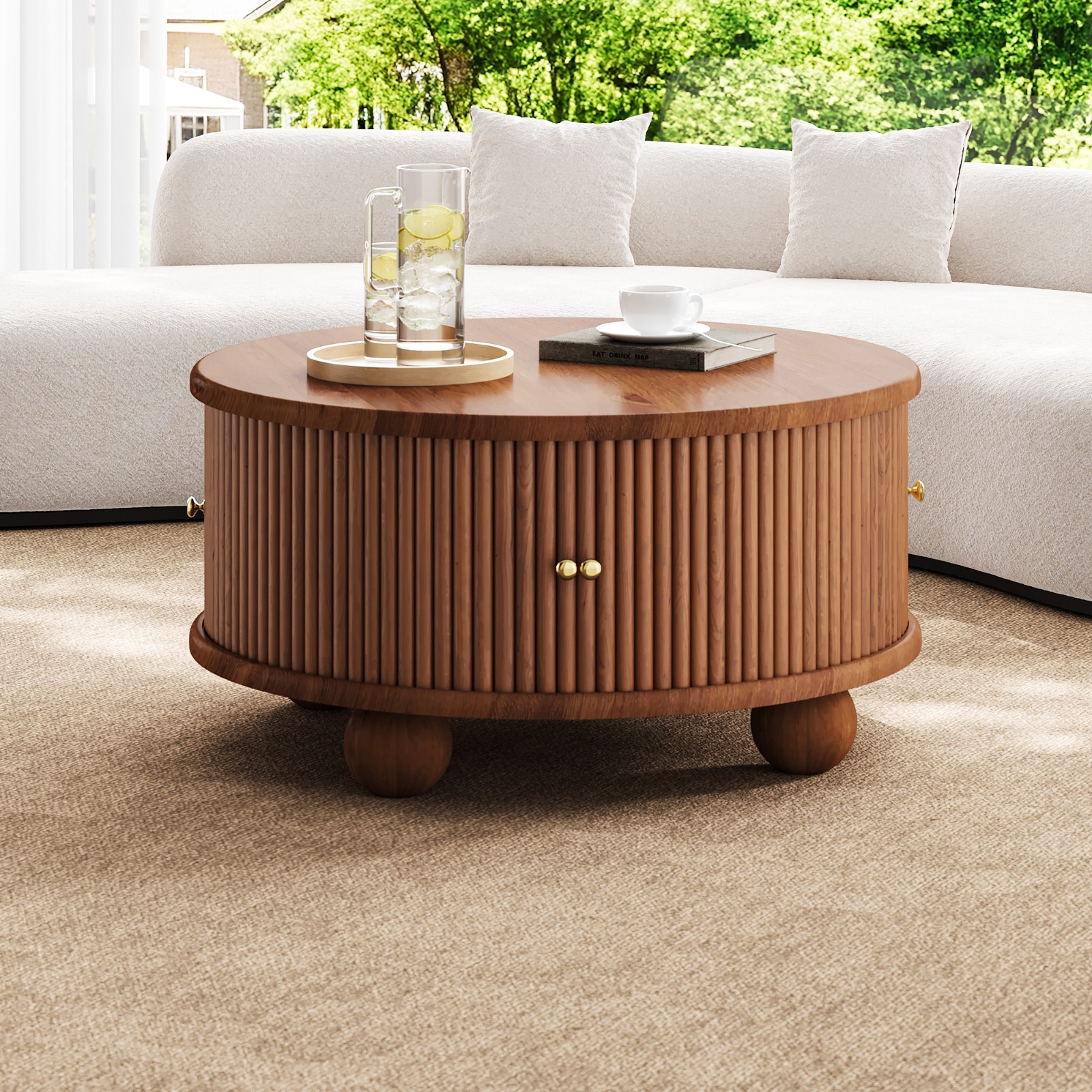 Round Solid Wood Coffee Table Center Table With Hidden Compartment Sliding Door