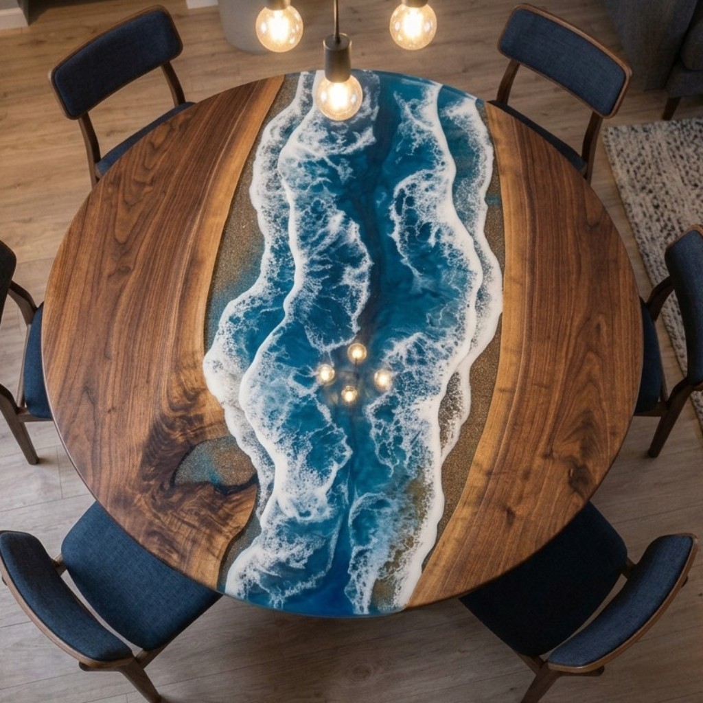 Ocean Wave Blue Resin Round Dining Table Live Edge Wood Epoxy River Table