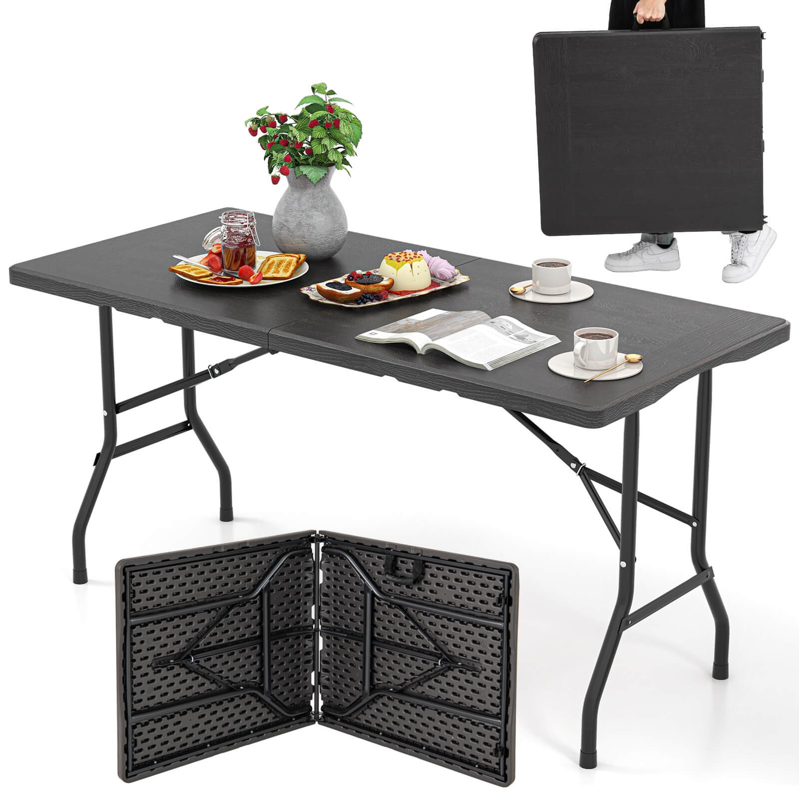 5FT Folding Table Indoor Outdoor Foldable Plastic Table 4-6 Person Picnic Table