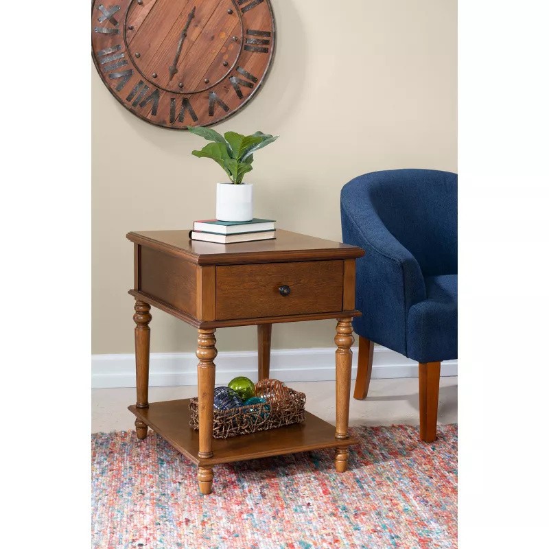 Powell McGhie Single Drawer Indoor End Table with Shelf, 26″ Tall, Hazelnut Brow