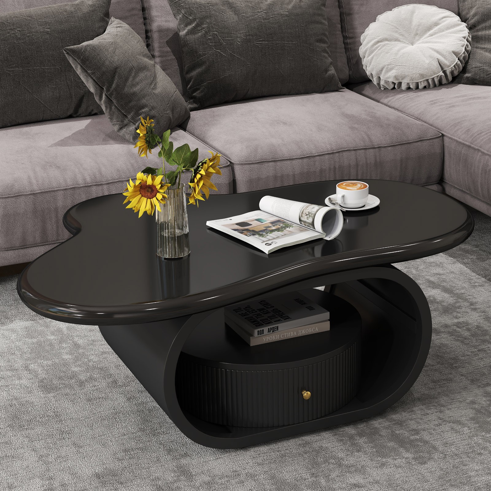 Modern 39″ Black Coffee Table Cloud Center Table MDF Metal w/ Drawer Living Room