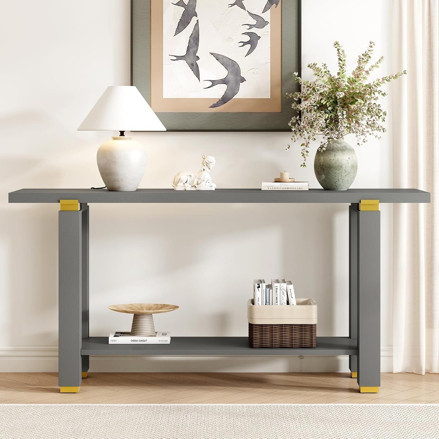 Minimalist Console Table, Solid Wood Entryway Table w/Shelf and Metal Accents