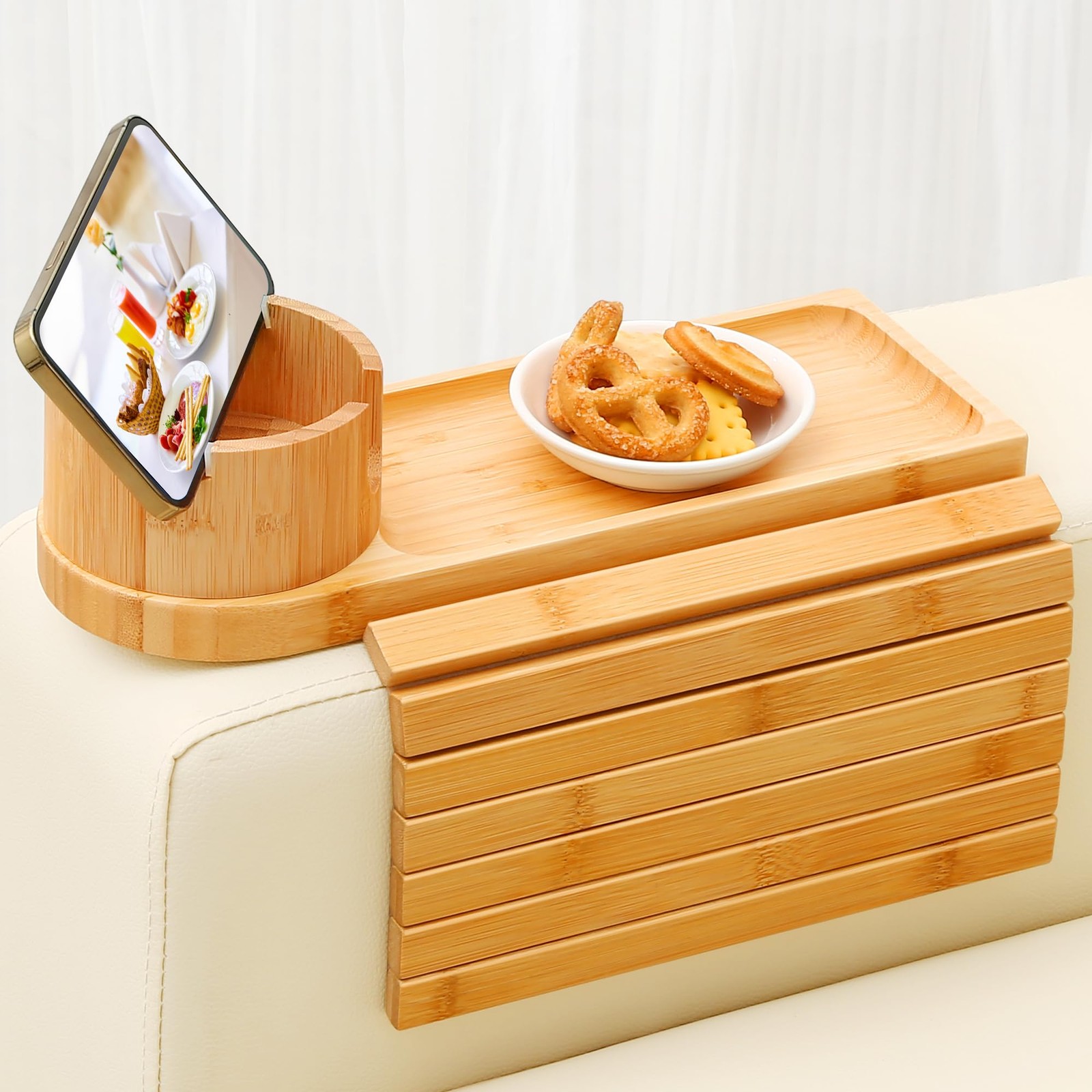 Couch Cup Holder Tray, 15.75″ Bamboo Cup Holder for Couch, 3 in 1 Foldable Ar…
