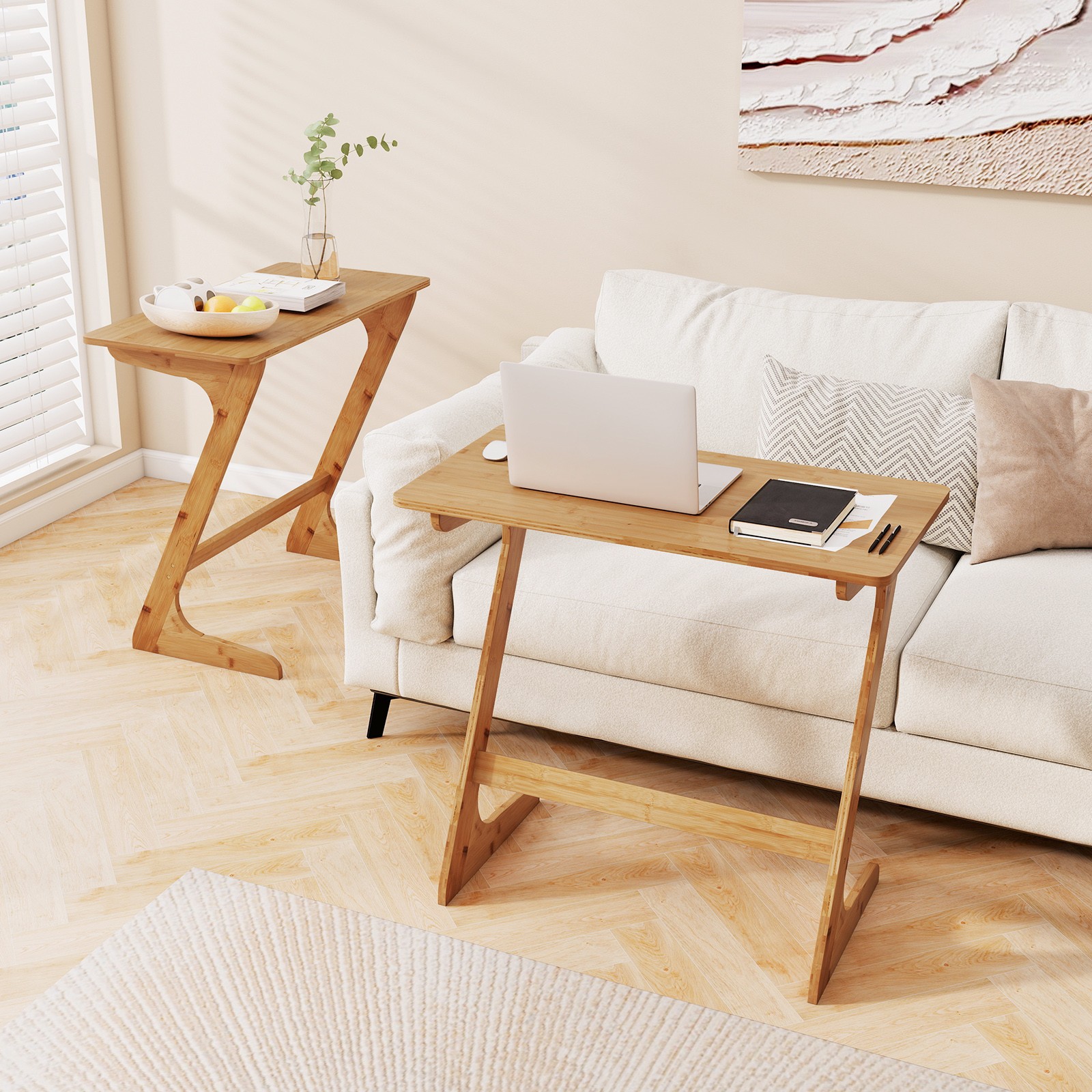 Bamboo Sofa Side Table Z-Shaped Spacious Tabletop Space-Saving TV Snack Tray