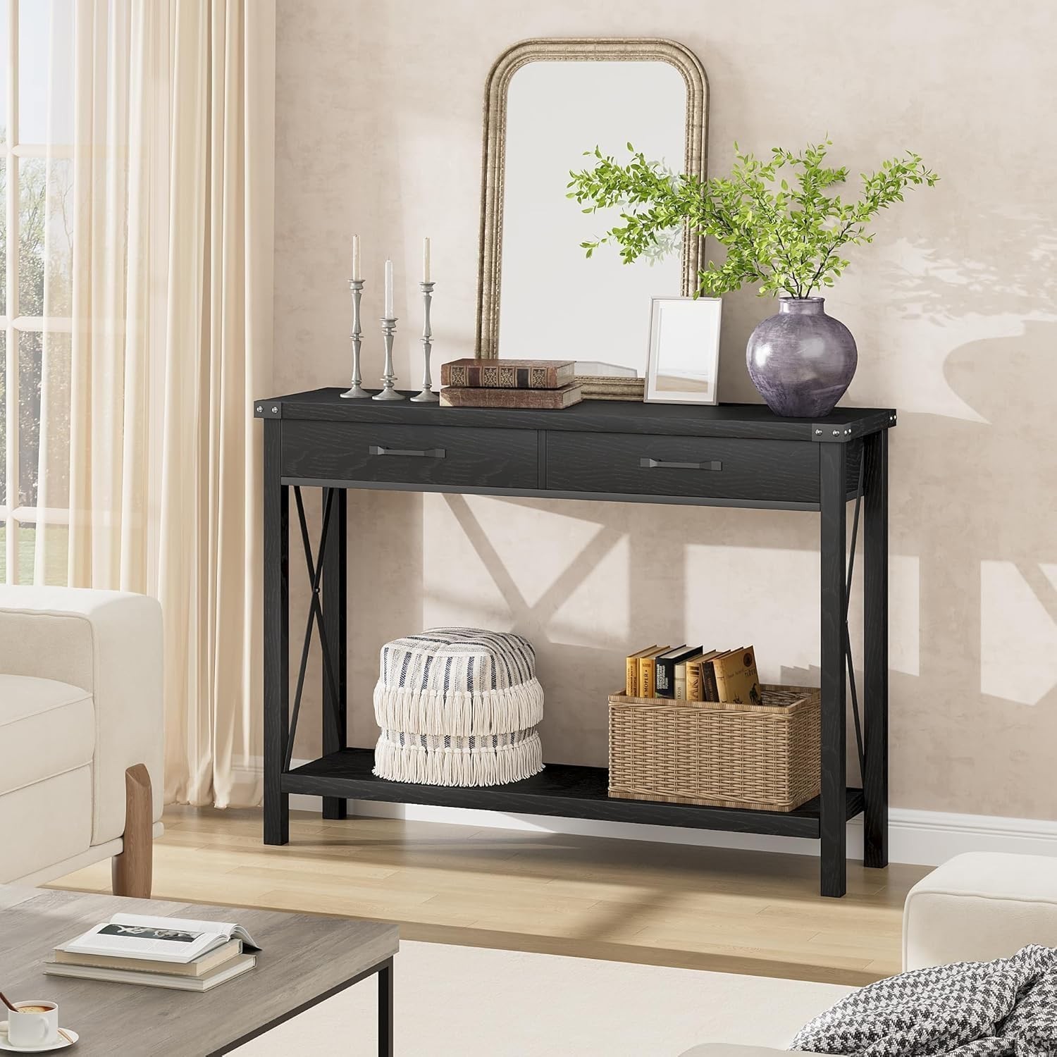 Console Table Open Shelf Accent Entryway Narrow Behind Sofa Table with 2 Drawer