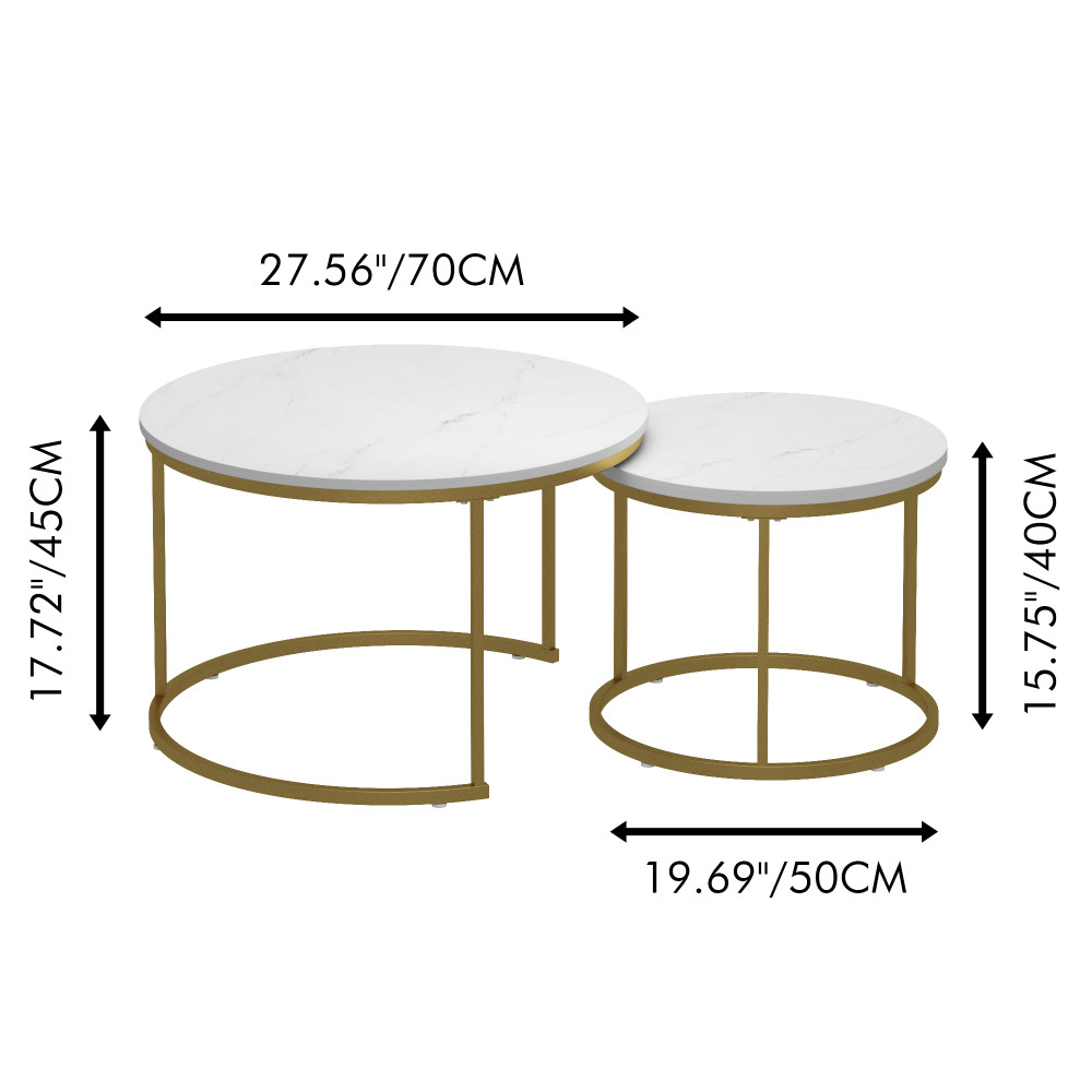 Nesting Coffee Table Set of 2, Round Marble Top with Metal Frame, White