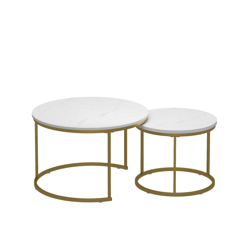 Nesting Coffee Table Set of 2, Round Marble Top with Metal Frame, White