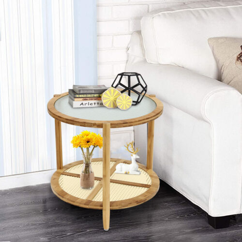 Round Coffee Table,Wood Living Room Table 2 Tier Indoor End Table Free Standing