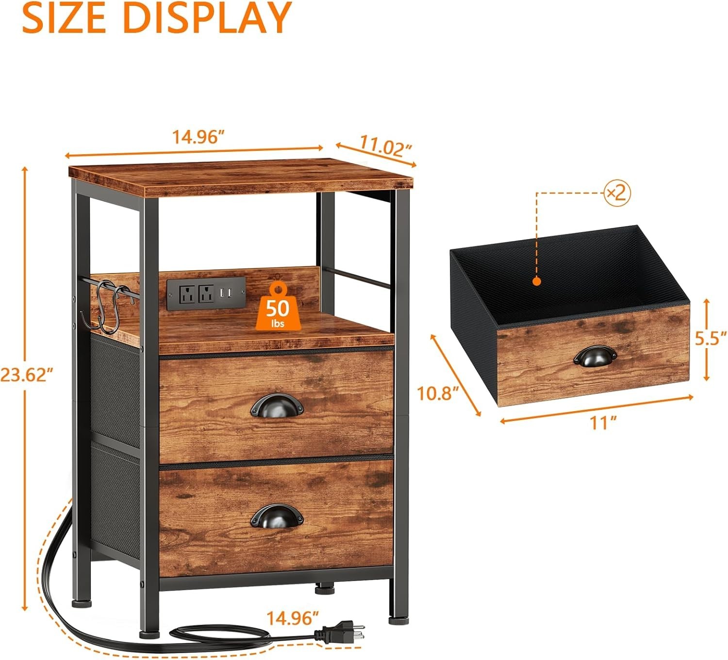 Rustic Brown Night Stand with 2 Drawers & USB Charging Station for Modern Living