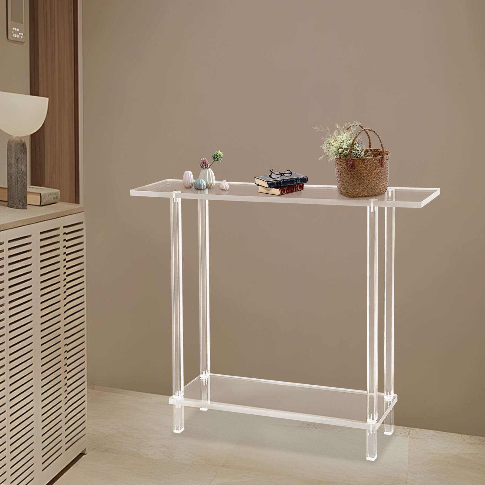 Acrylic Table Clear Entry Table Small Entryway Table W/ Open Shelves 100×80×20cm