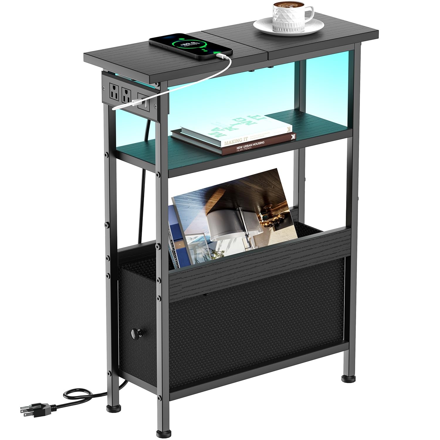 Narrow Side Table with Charging Station and LED Light, Small End Table with 1…
