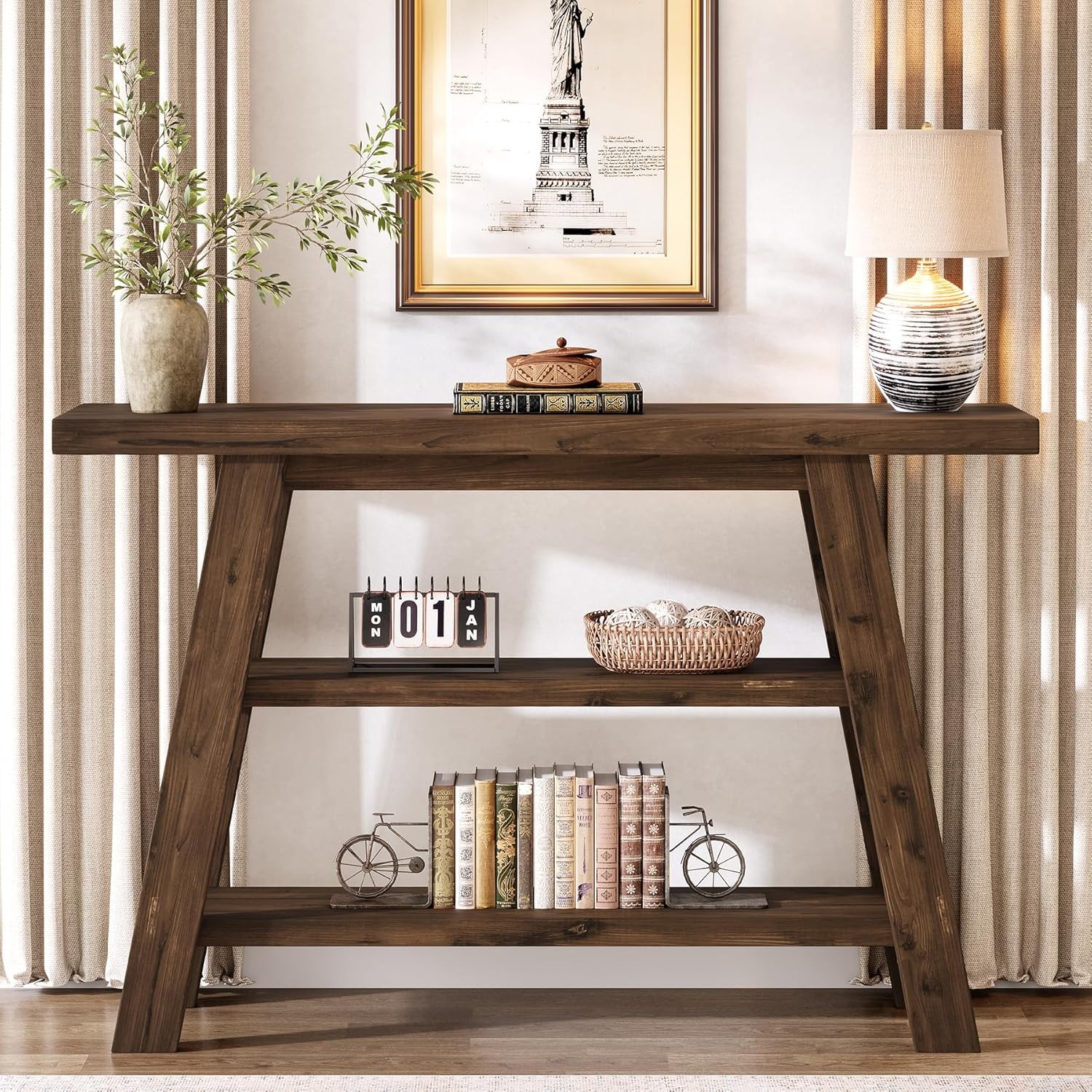 47.24″ Solid Wood Console Table 3-Tier Farmhouse Entryway Table with Storage