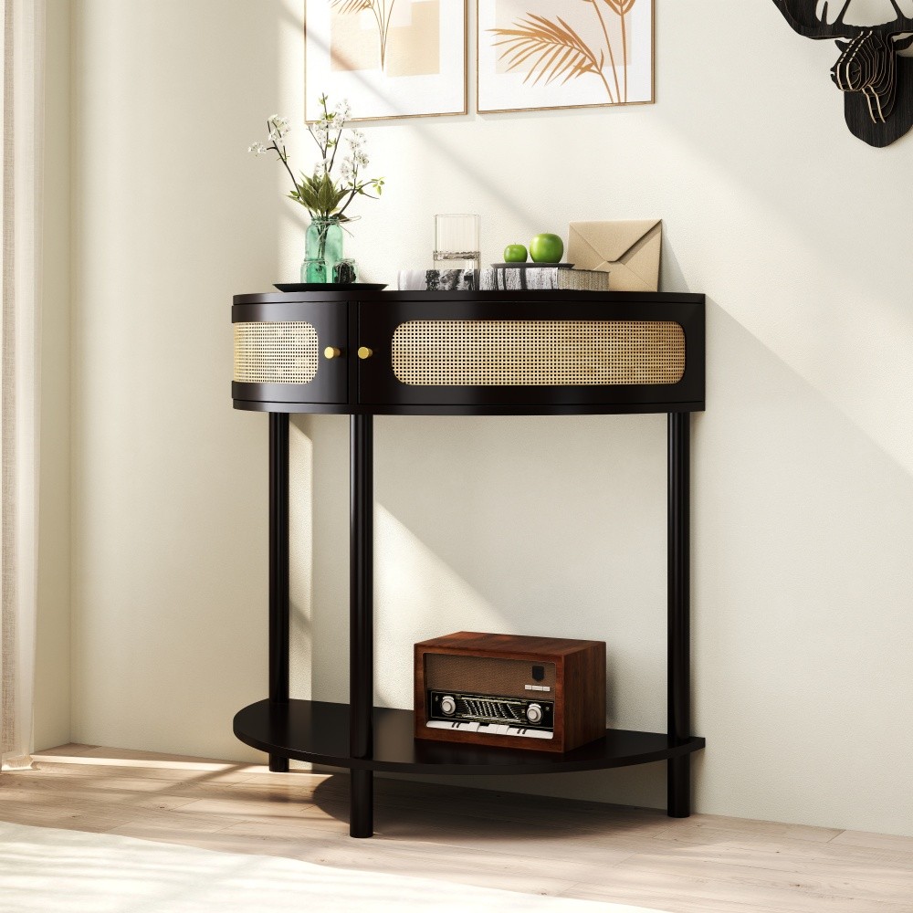 Unique Half Moon Design End Table with Sliding Rattan Door,Elegant Semi-circle