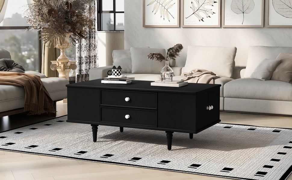 Modern Rectangle Coffee Table Center Table With Storage Drawers Solid Wood Legs
