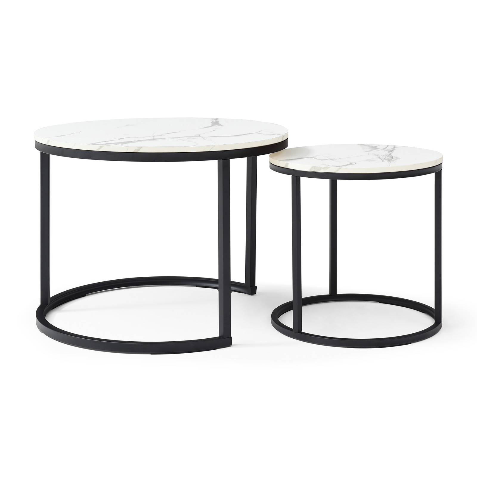 Set 2 Coffee Table Nesting White and Gray Top Black Frame Circular Round