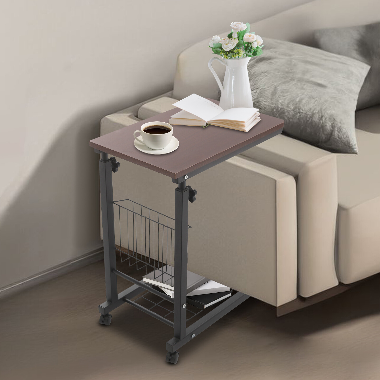 2 Tiers Red Walnut Color Mobile Standalone Adjustable Bed Side Table w/ Wheels