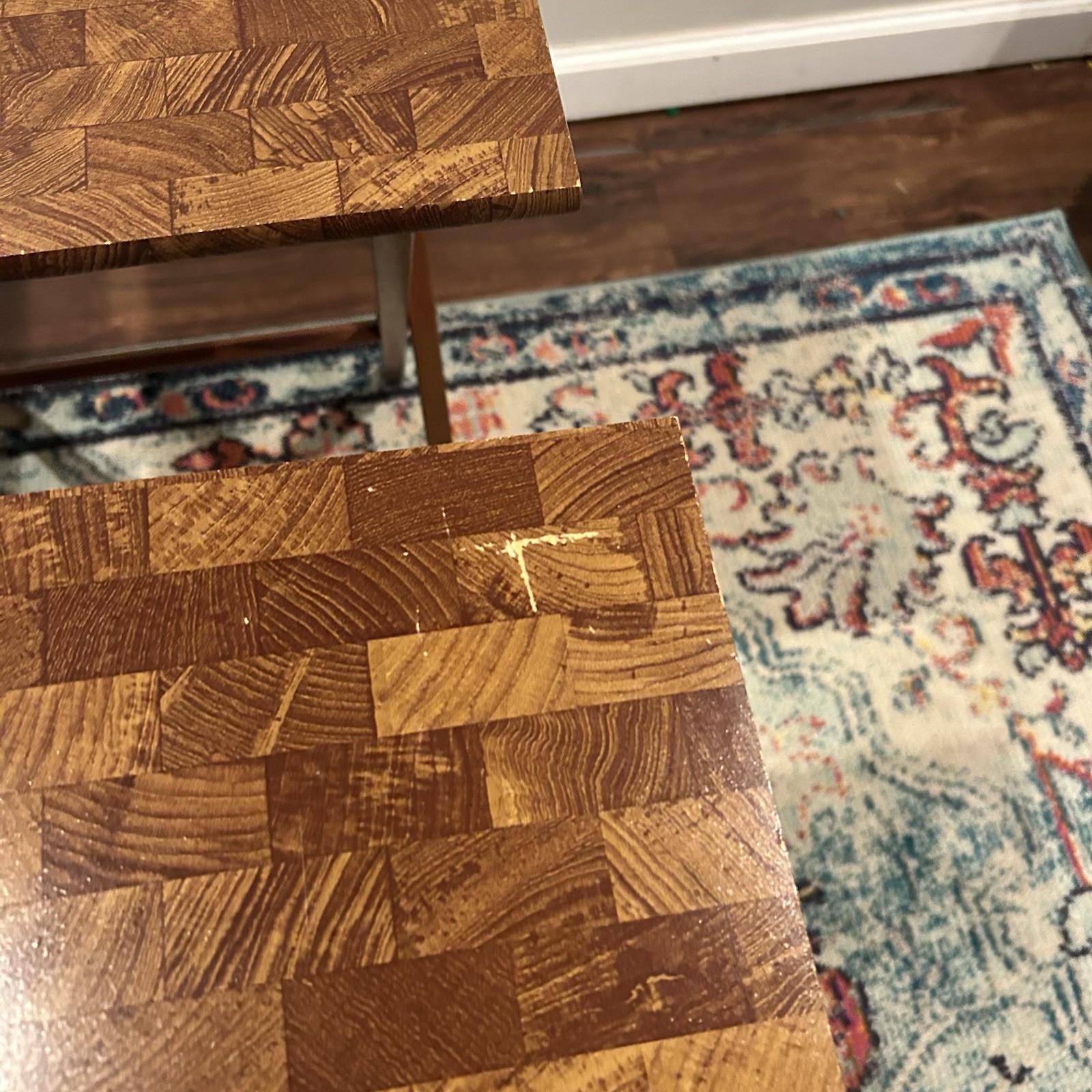 Vintage Faux Butcher Block TV Tray Set of 4 Retro Laminate Folding TV Tables