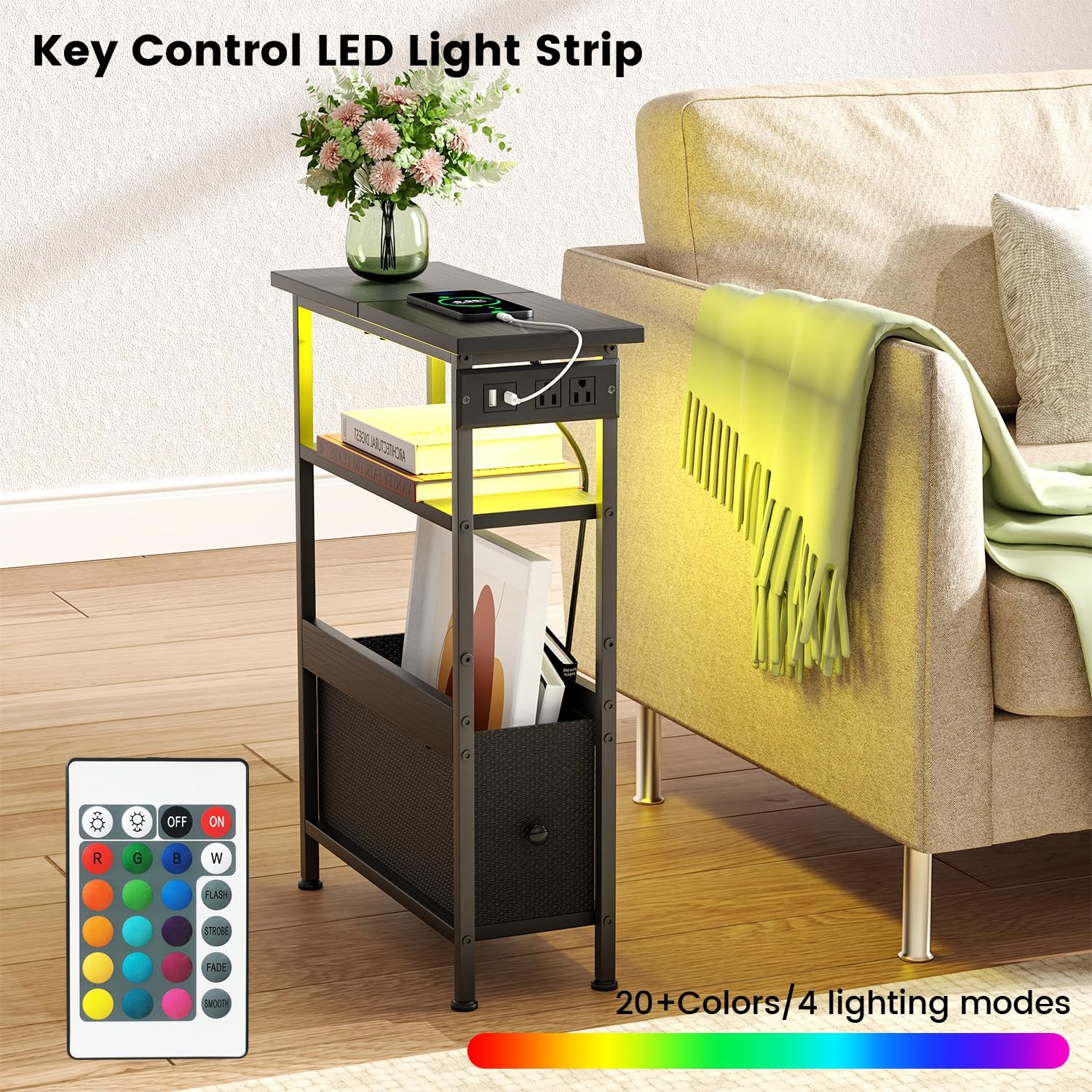 Narrow Side Table with Charging Station and LED Light, Small End Table with 1…