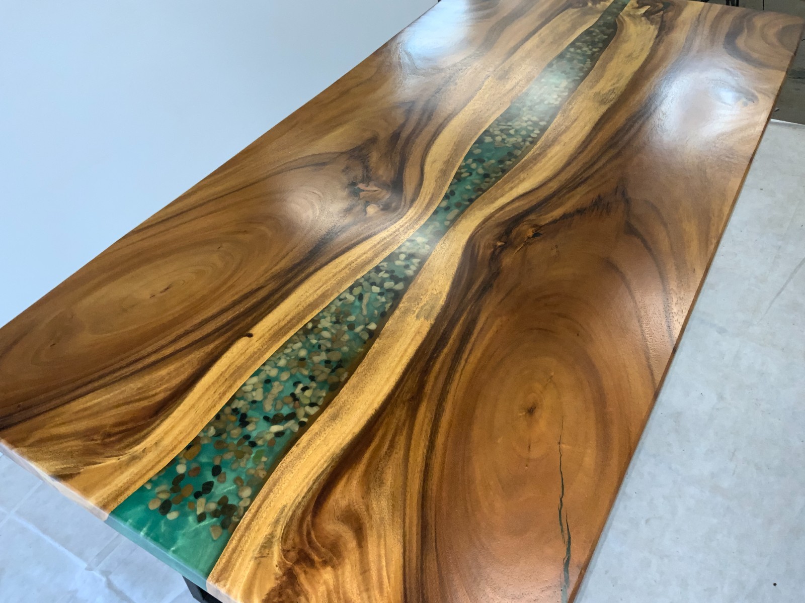 Acacia Wood Table with Green Epoxy River & Stones – 63.5″ x 32″ (sku 2-12)