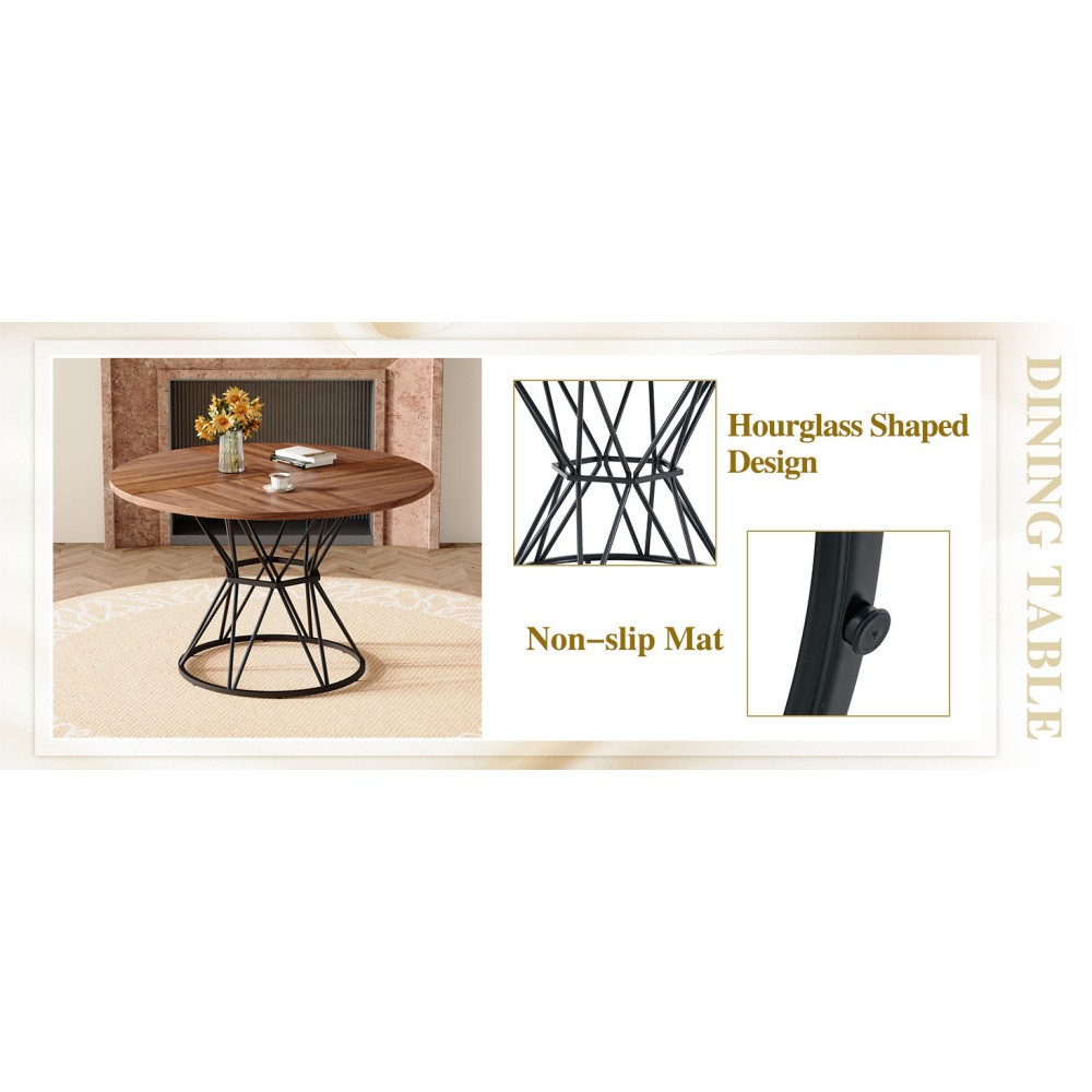 47.3″ Circular Dining Table, Walnut MDF Top, Black Hourglass Metal Base, for 4-6