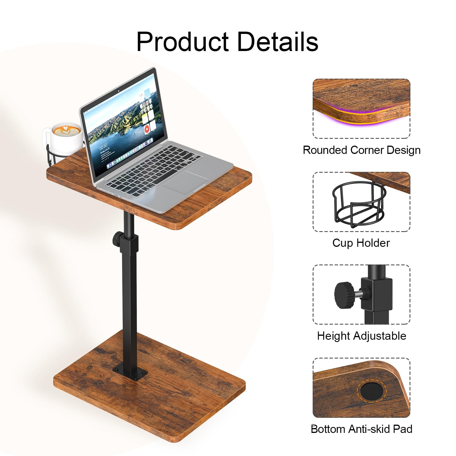 Giikin TV Tray Table, 360° Swivel 11.8″ D x 15.8″ W x 31″ H, Rustic Brown