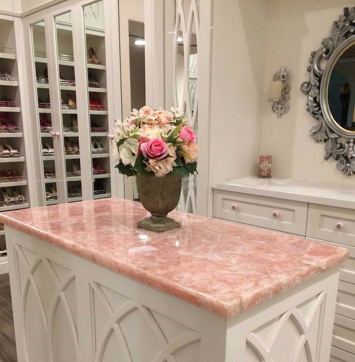 Pink Rose Quartz Dining Table, Rose Quartz Coffee Table, Quartz Counter Top Deco