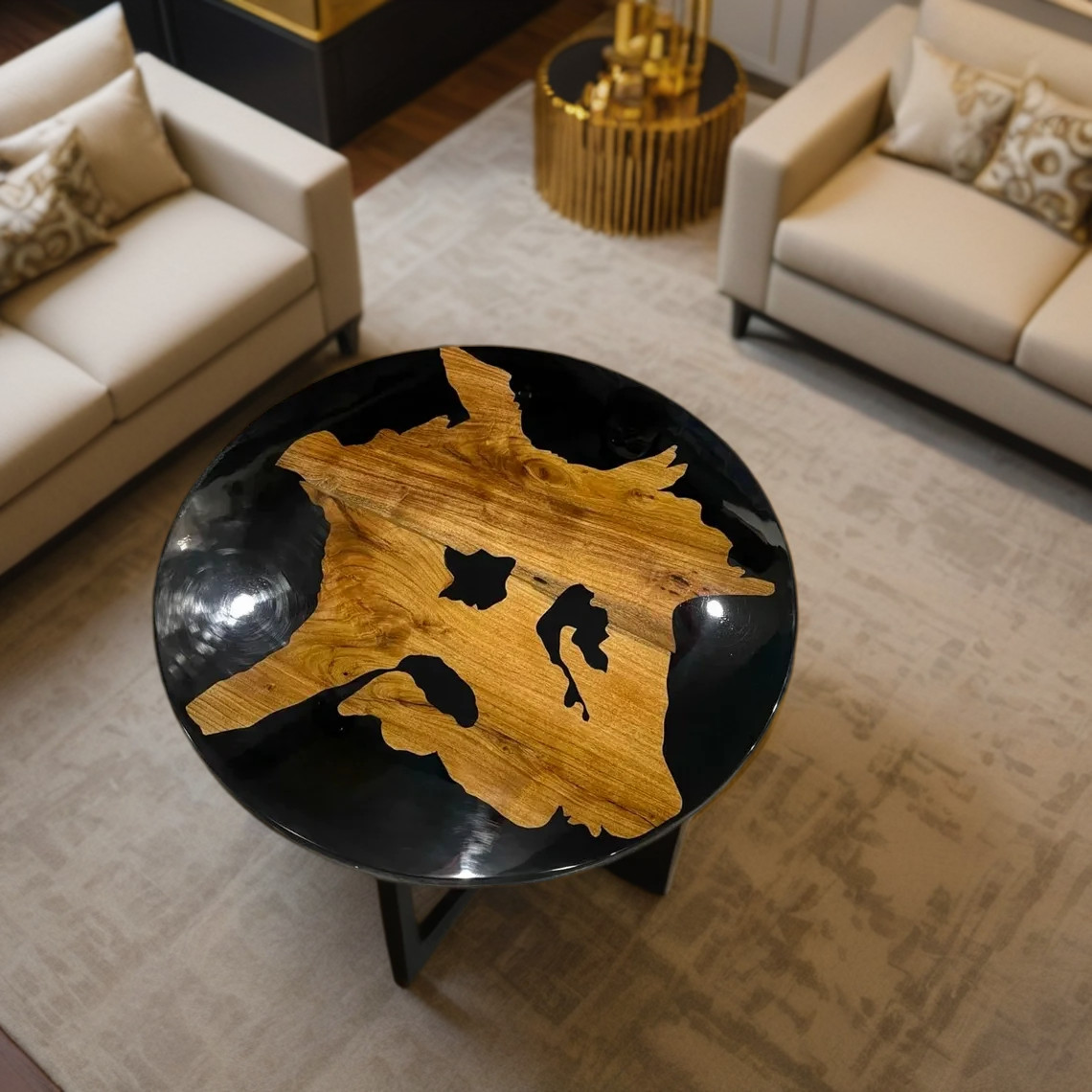Black Epoxy Resin Table Top, Epoxy Coffee Table, Acacia Wood Walnut Centerpiece