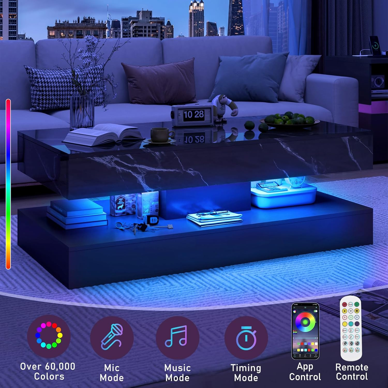 47.2″ Large High-Glossy LED Coffee Table with 2 Sliding Drawers, Living Room Sto