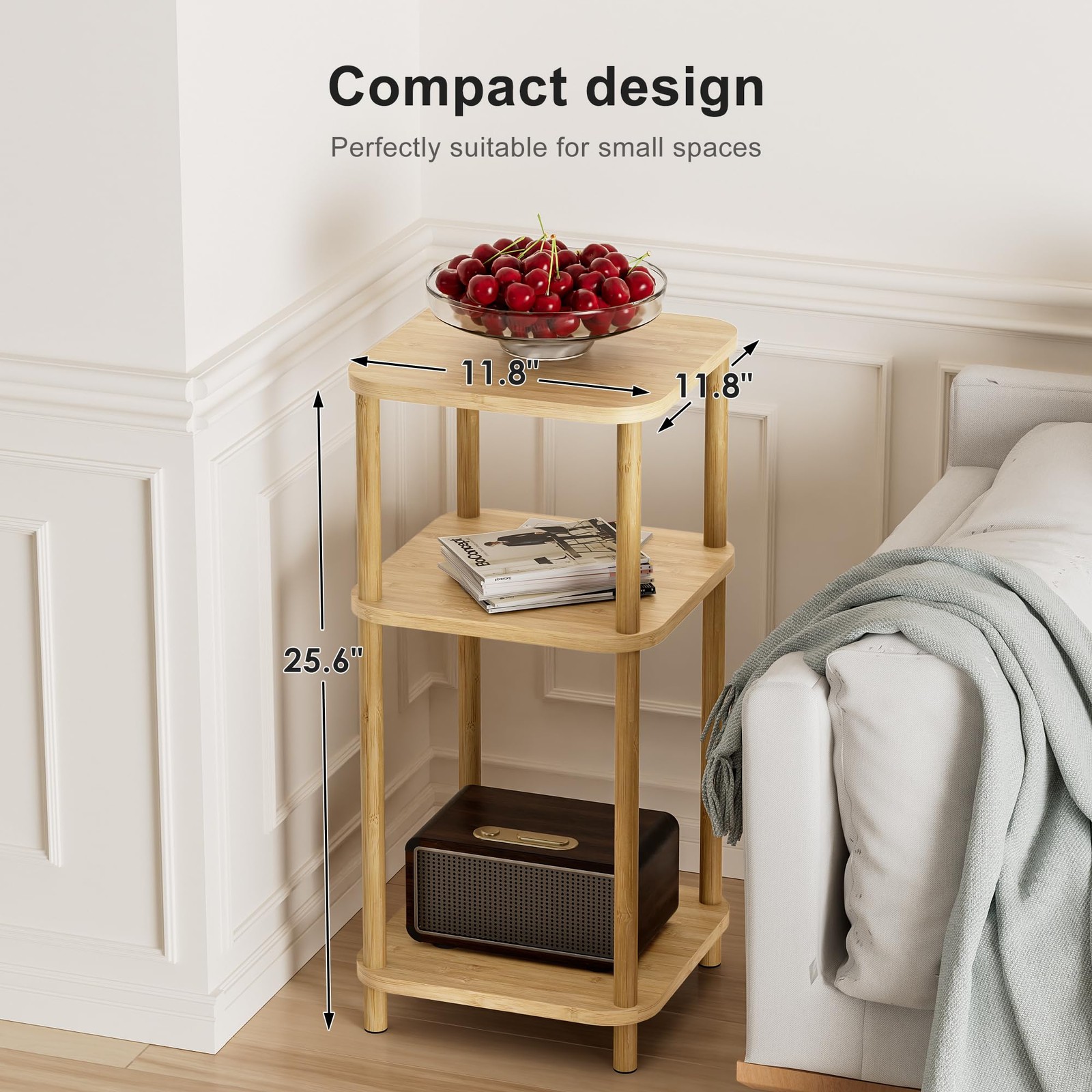 SANLUCE Bamboo End Table with Charging Station, Side Table for Small Space, S…