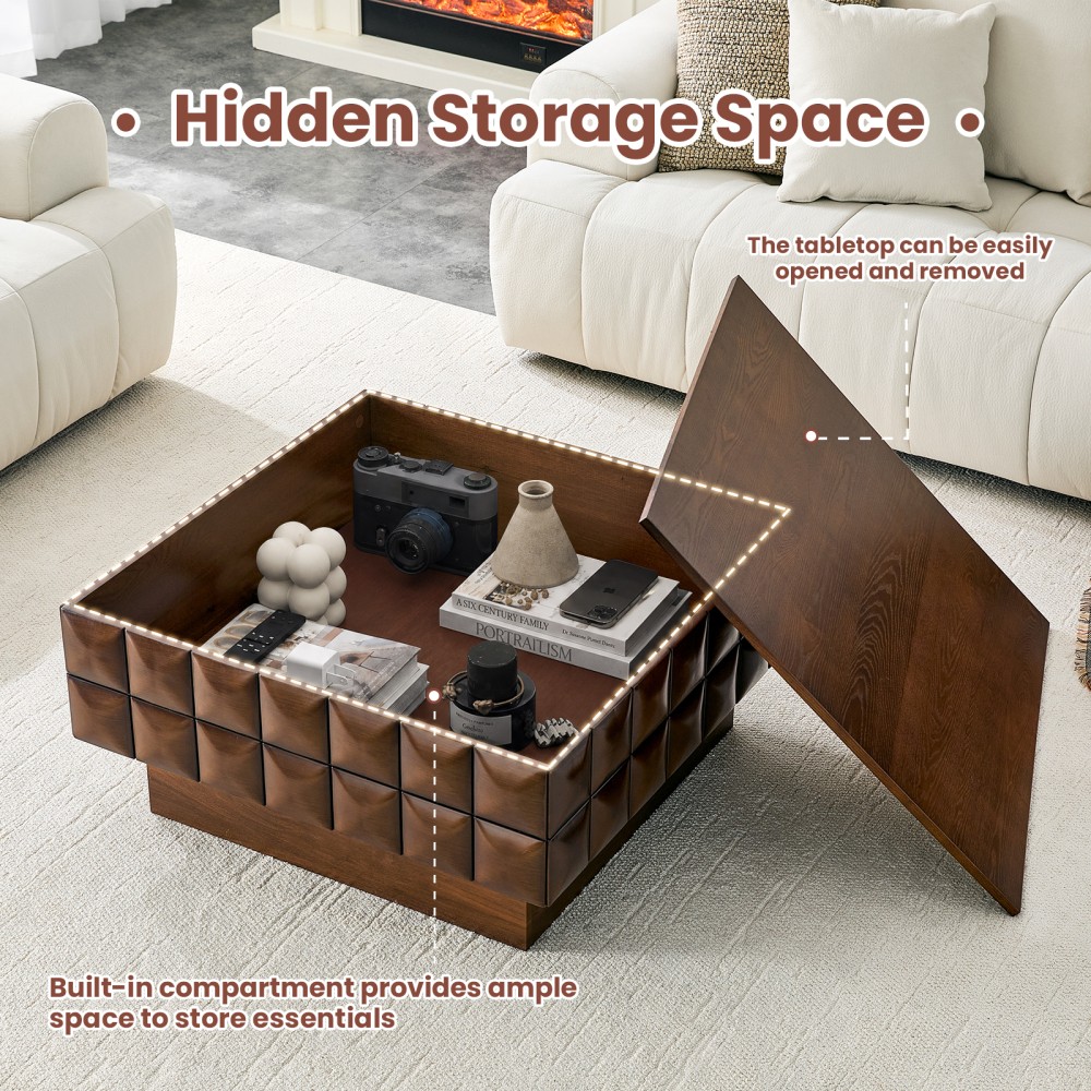 32.7″ Square Walnut Coffee Table – 3D Cube-Textured Wrap, Ash Veneer Top