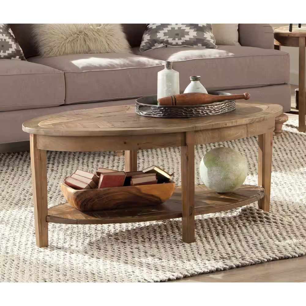Revive 48 In. Natural Oak Oval Wood Top Coffee Table with Shelf