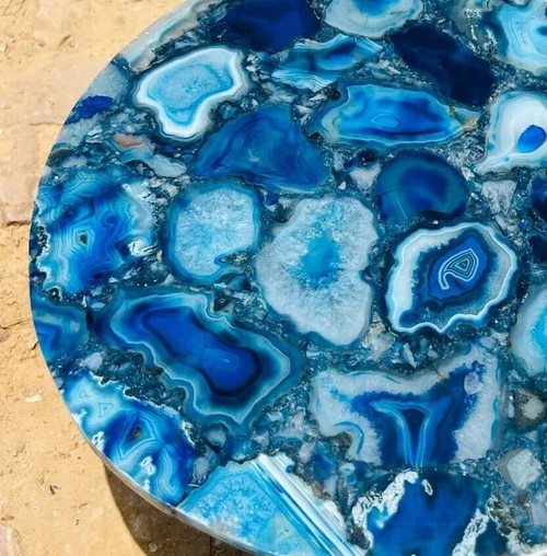 Handmade Round Blue Agate Coffee Table – Unique Natural Stone Accent for Living