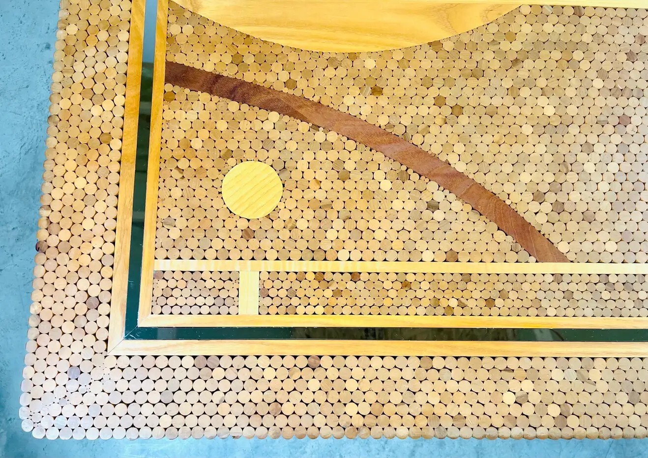 Patterned Marquetry Scenic Organic Doweled Teak Coffee Or Cocktail Table
