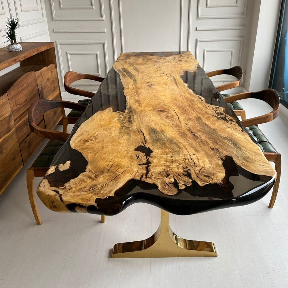 Solid Walnut Epoxy River Table Black Resin Luxury Dining Desk Live Edge Walnut