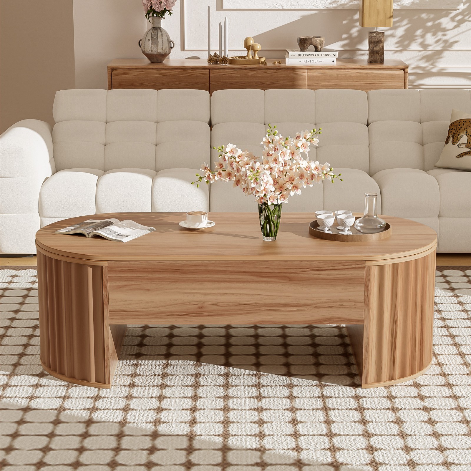 Modern Oval Lift-Top Coffee Table Center Table w/ Hidden Storage For Living Room