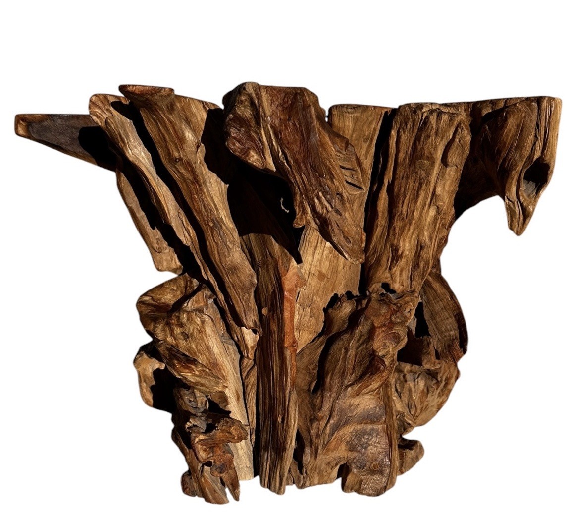 Wood Root Coffee Table Round Glass Top 36”Indonesian Teak Live Edge READ