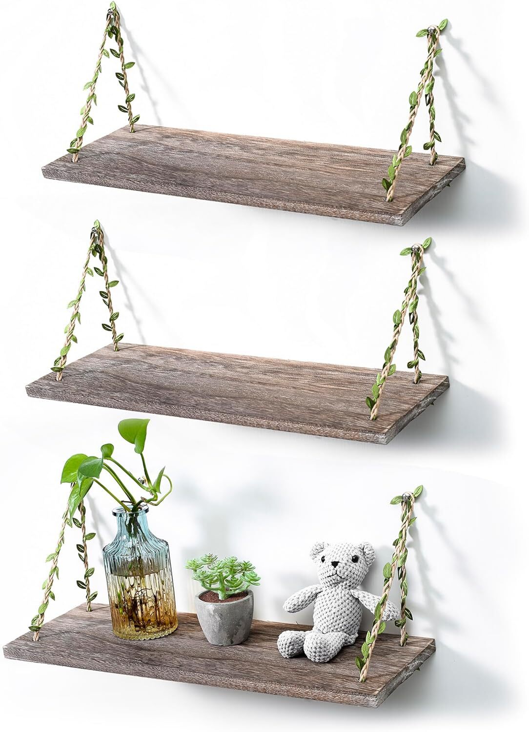 MITIME Leaf Rope Hanging Floating Shelves, Wall 17in Set of 3, Retro Color