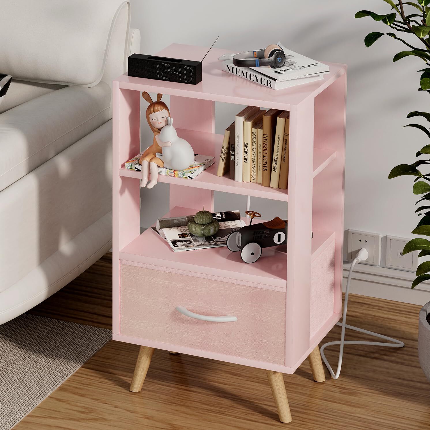 NIGHT STAND WITH CHARGING STATION PINK KIDS NIGHTSTAND WITH DRAWER 3TIER NURSERY