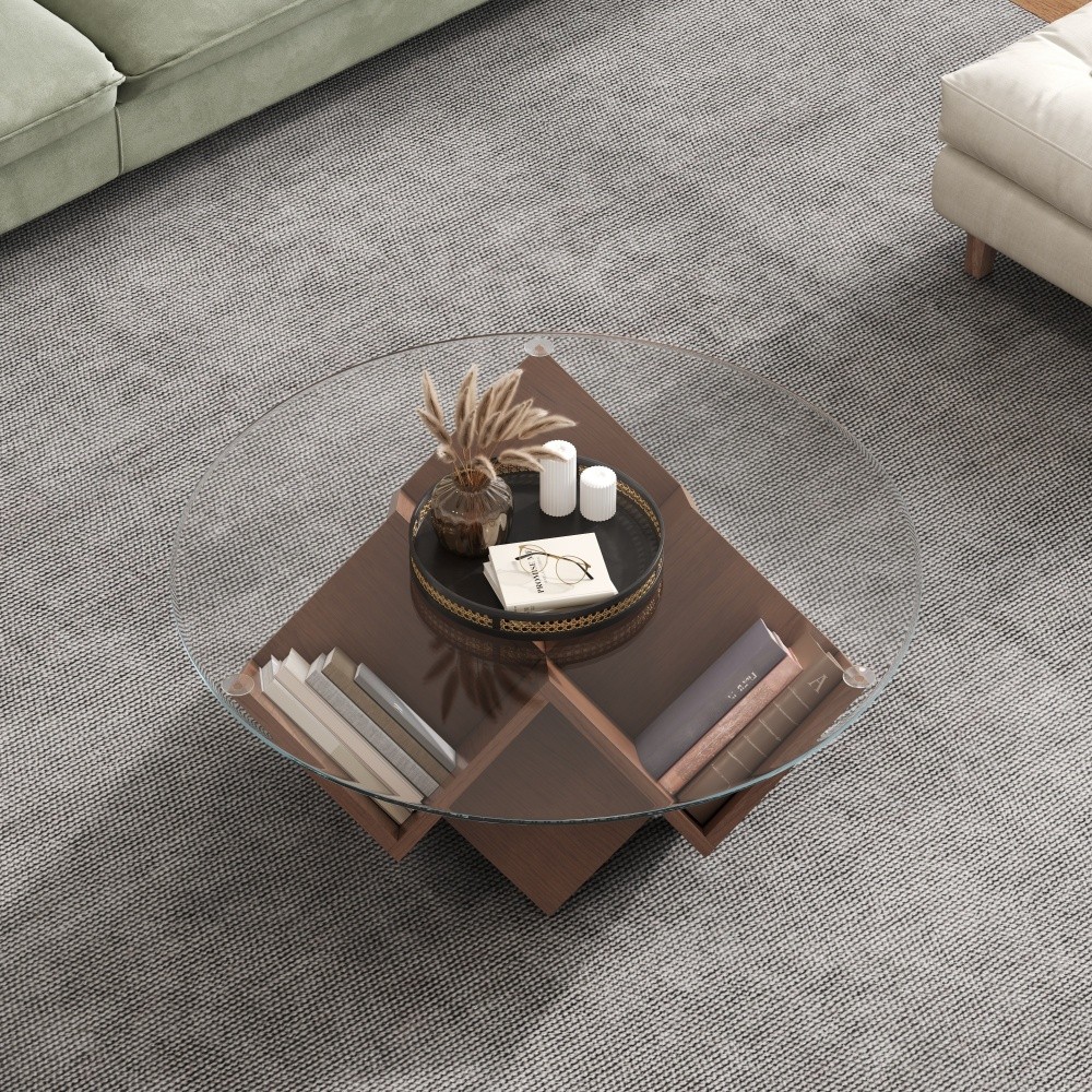 Round Coffee Table with Glass Top, Art Deco Base & Storage Shelves, Walnut
