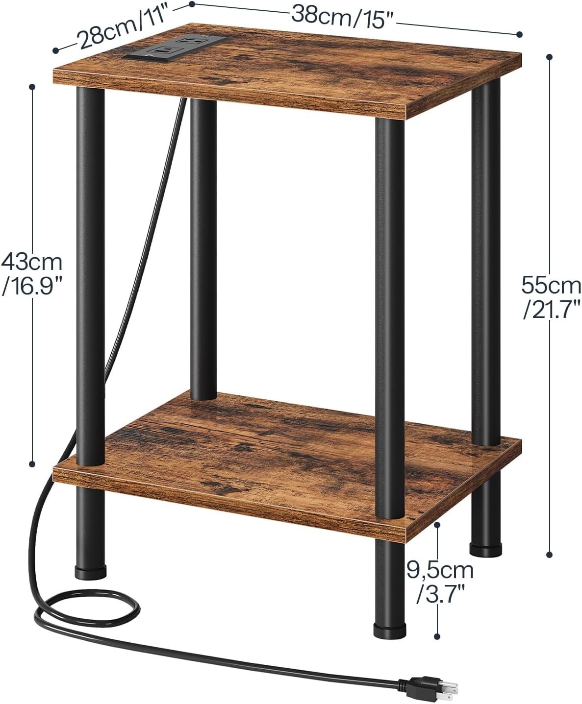 Compact End Tables with USB Ports & Storage Shelves – Rustic Design for Any Room