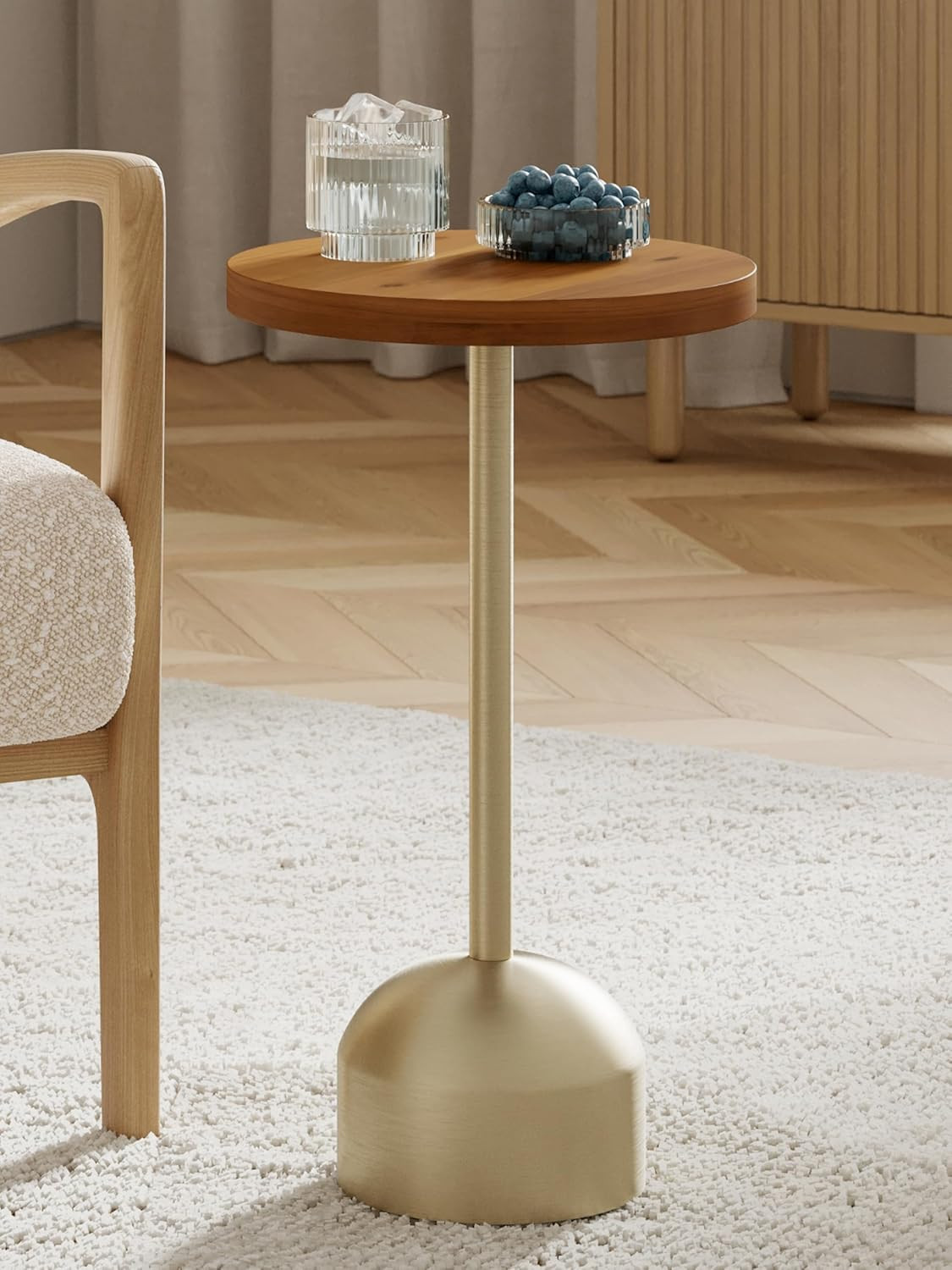 Modern Round Metal Pedestal Table with Wood Top – Stylish Accent for Any Room